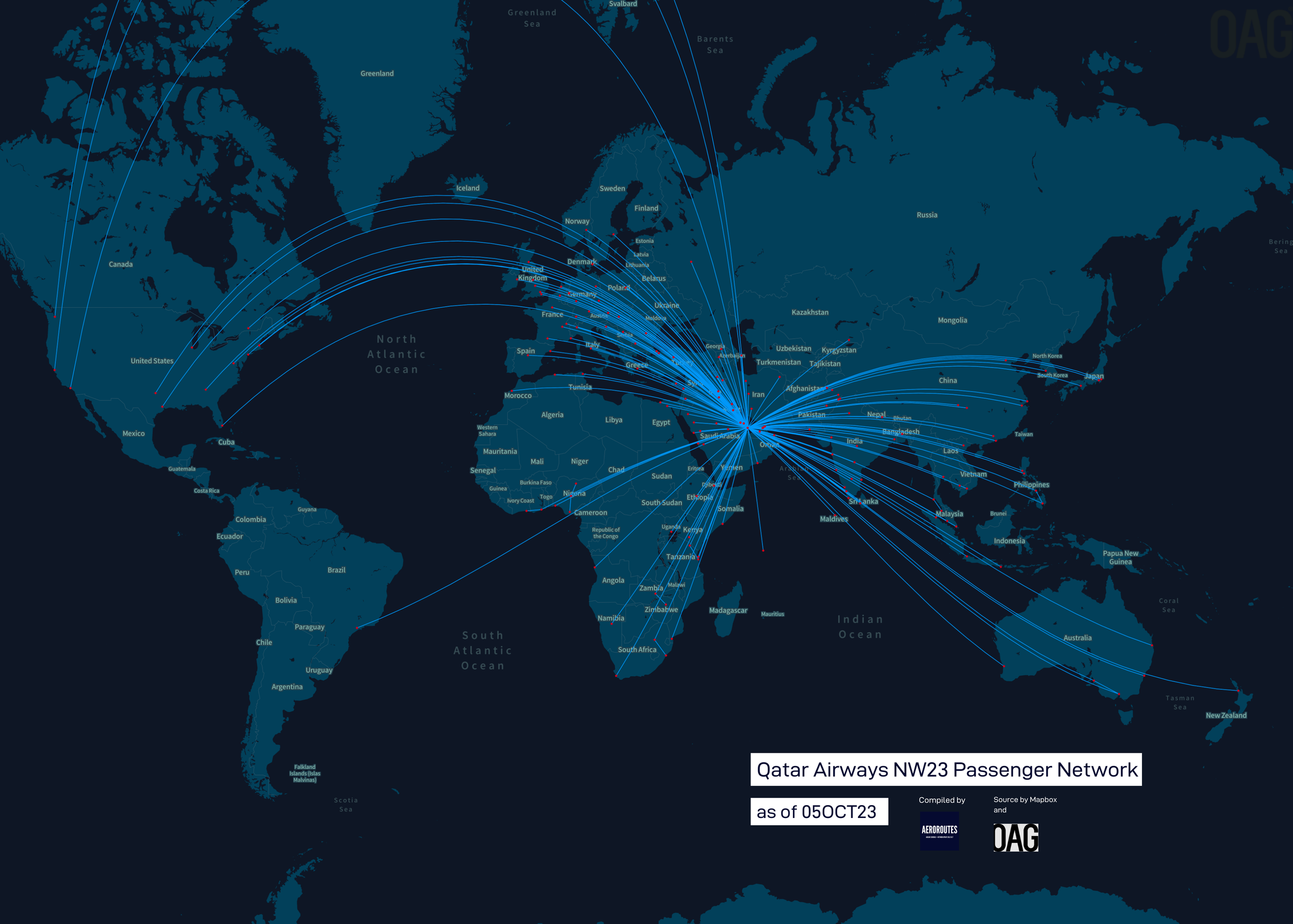 Qatar Airways global route map centred on Doha and showing air connections extending across Europe, Africa, Asia, the Americas and Oceania.