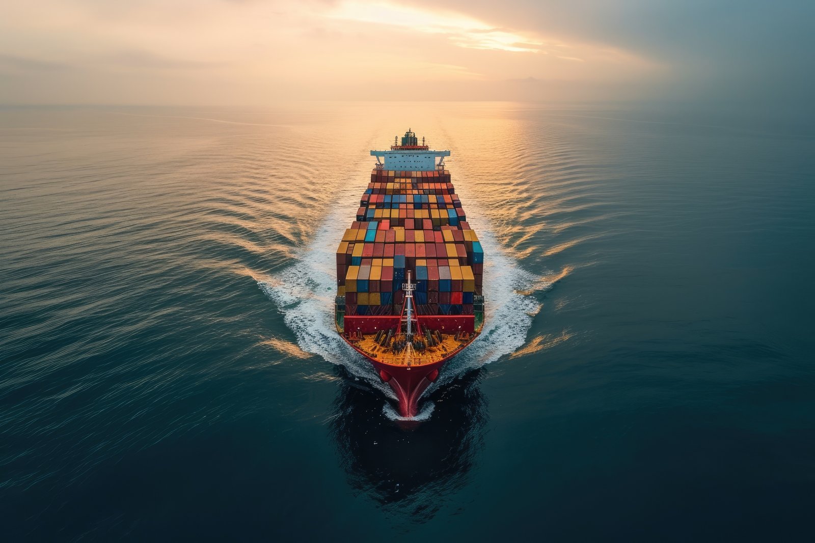 A fully loaded container ship moving through open water at dawn, illustrating the corridors that sustain global trade.