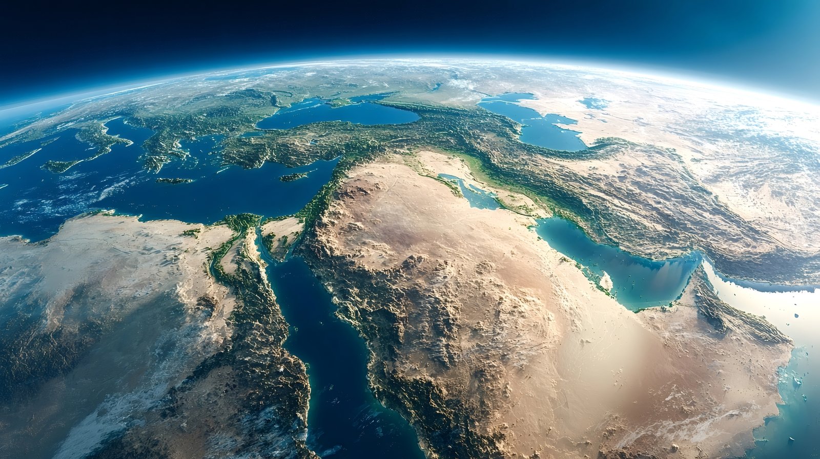 Orbital view of the Eastern Mediterranean, the Red Sea and the Arabian Peninsula, illustrating the strategic geography of global maritime corridors.
