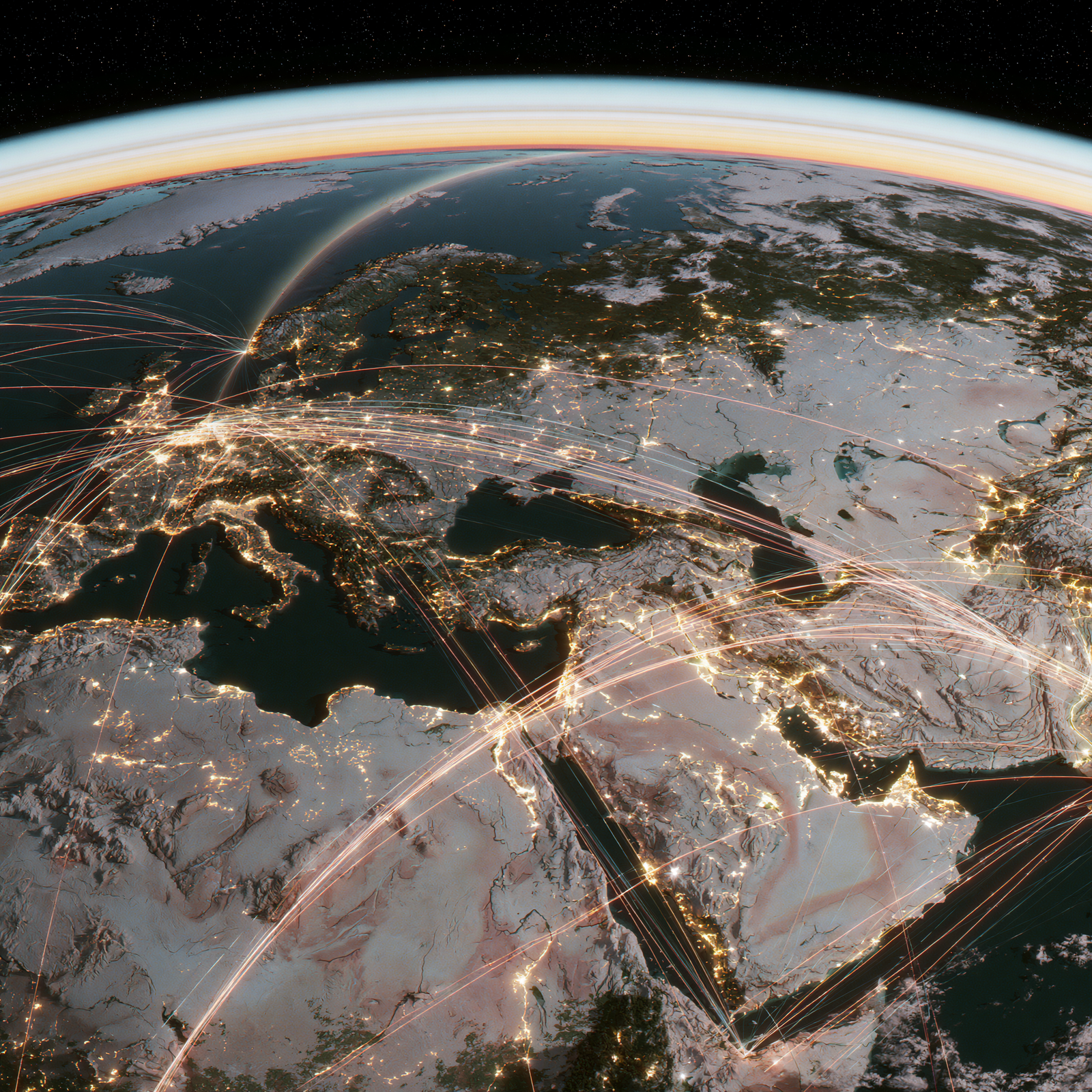Orbital view of Europe, the Middle East and Asia crossed by luminous air corridors, illustrating how permissions shape operational geography.