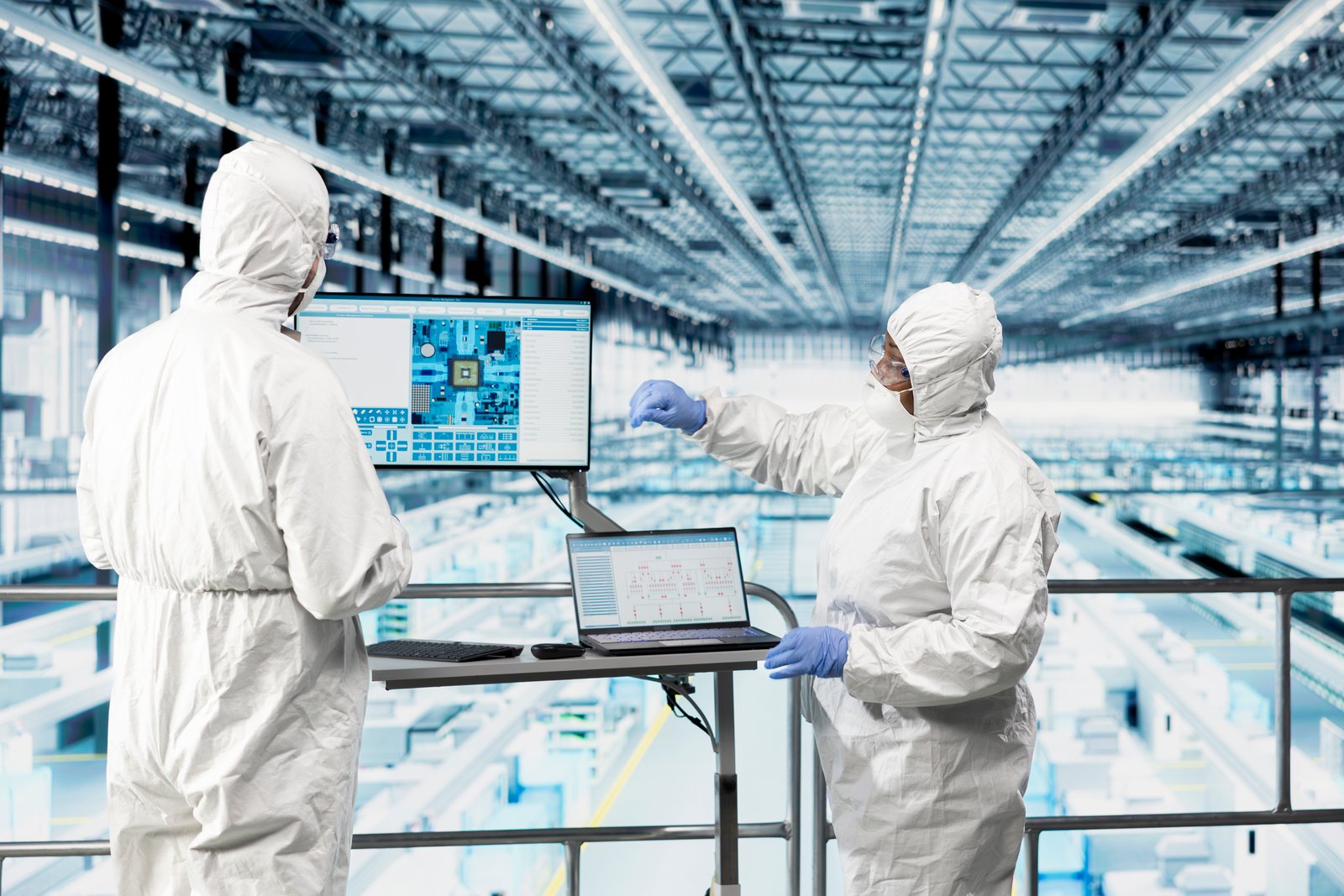Semiconductor engineers supervising advanced fabrication systems inside a large microchip manufacturing facility.