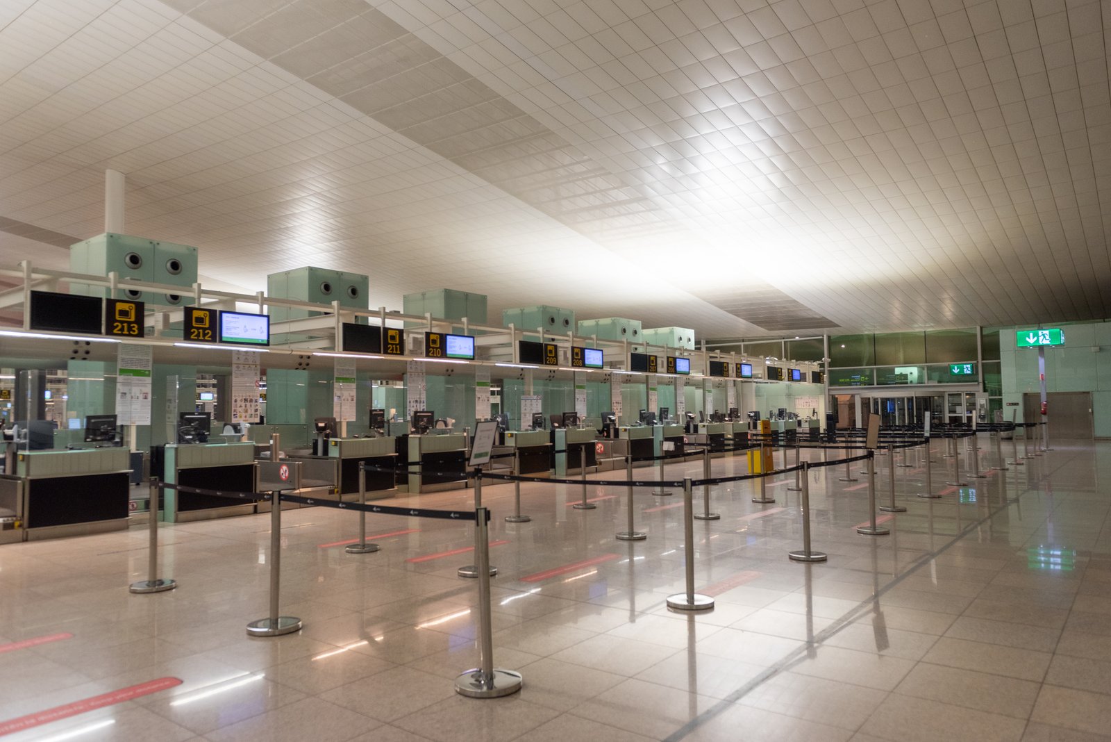 Wide passport-control hall with aligned counters, queue barriers and controlled passenger lanes.