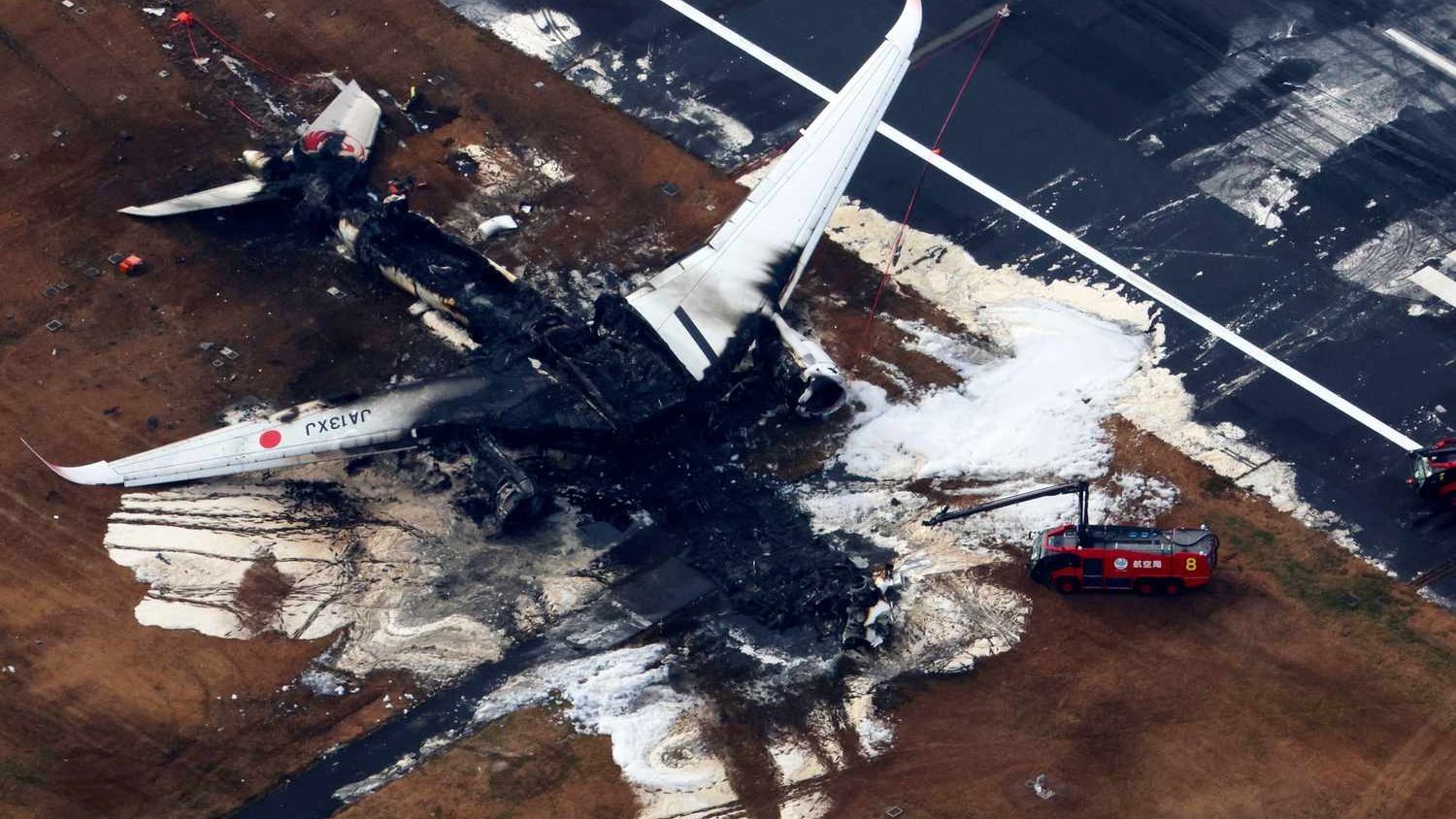 Japan Airlines Flight 516 after the collision at Tokyo Haneda Airport on 2 January 2024.