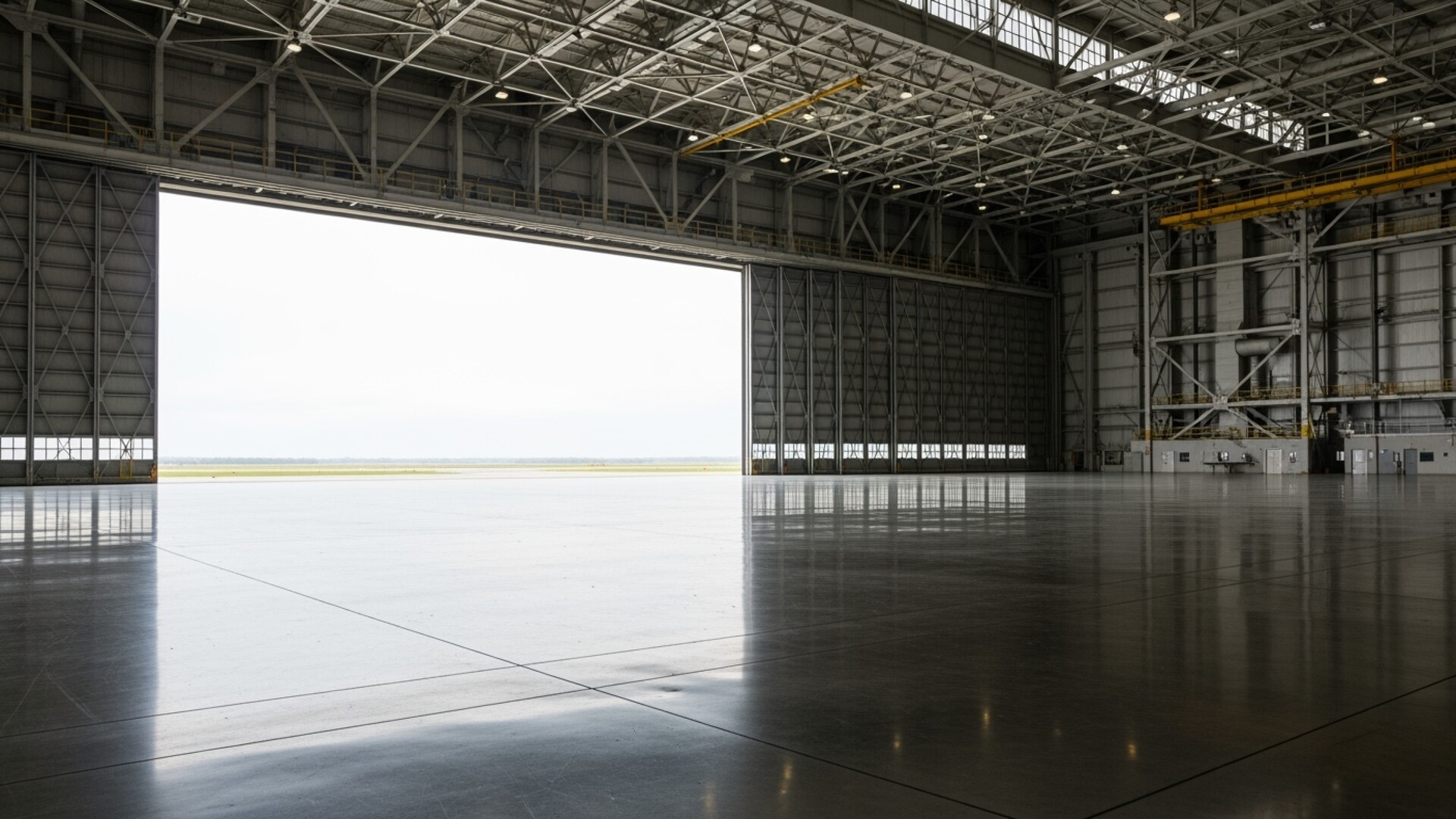 The interior of a large modern aircraft hangar standing empty with its doors open.